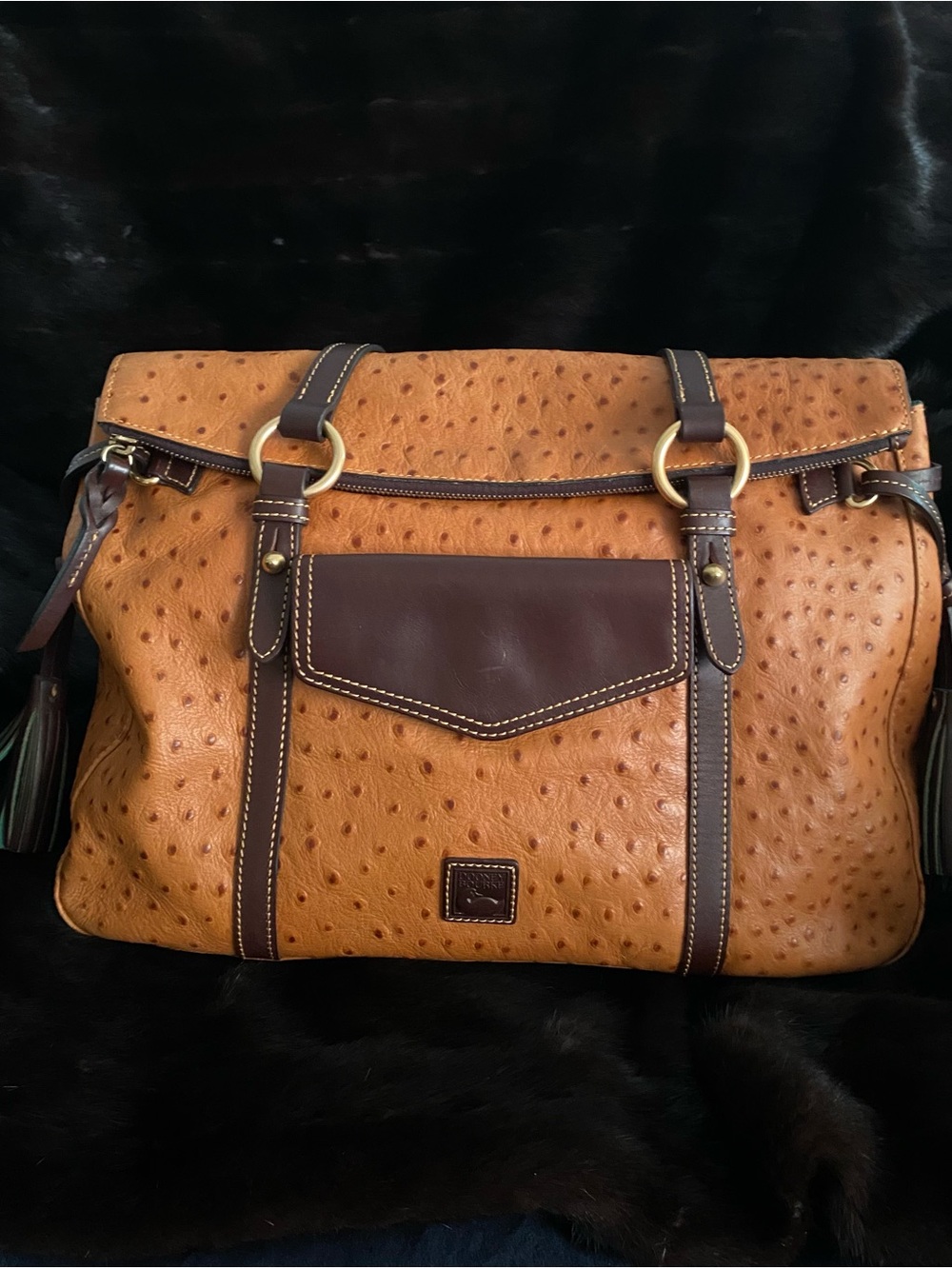 Dooney & Bourke Smith Bag Large Ostrich Embossed Leather Cognac Florentine